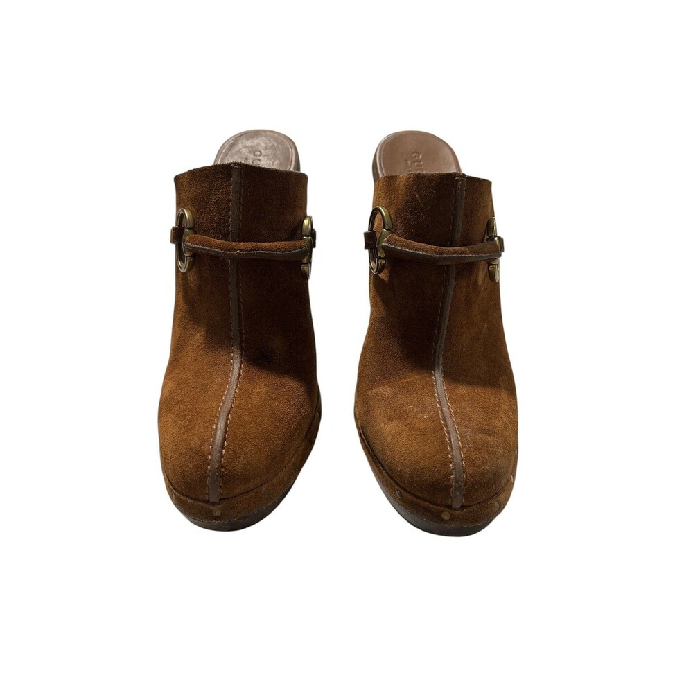 Y2K Gucci Brown Suede Horsebit Platform Mule Clogs Heels Size 7.5 Made in Italy - Picture 2 of 13